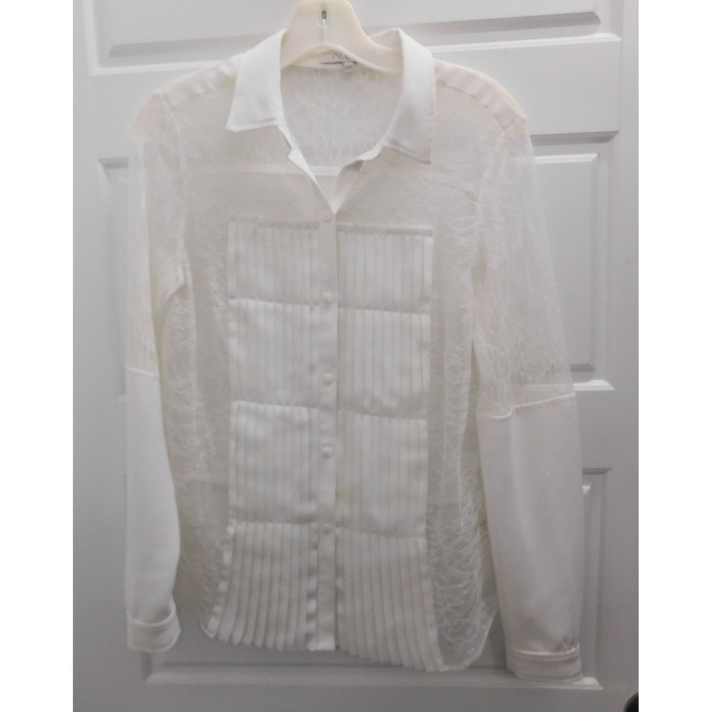 Alexis Womens Lace Floral Top White Polyester Button Up Long Sleeve sz XS